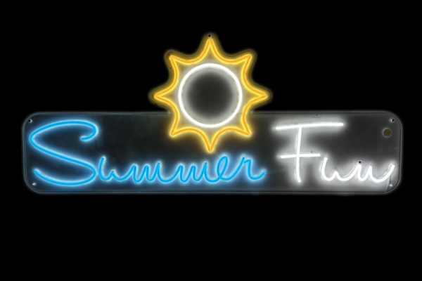 An LED Neon Sign in blue, yellow and white, that says the words 'summer fun' with a sun icon above the words in the centre.